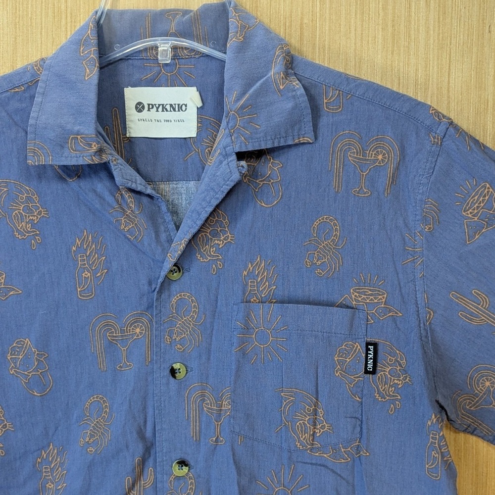 Pyknic Mens Blue Adios Burrito Southwest Food Graphic Button Down Shirt Small